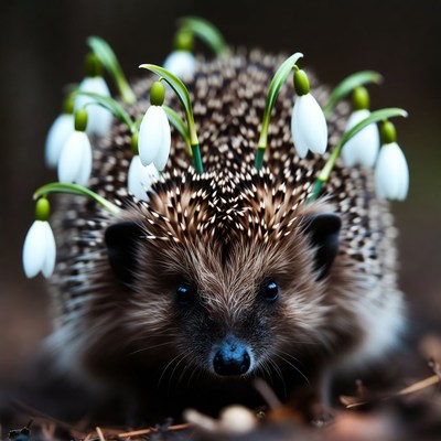 Hedgehog with snowdrop flowers