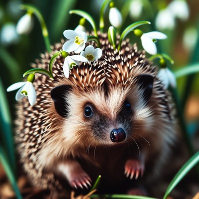Hedgehog with snowdrop flowers