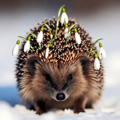 Hedgehog with snowdrop flowers
