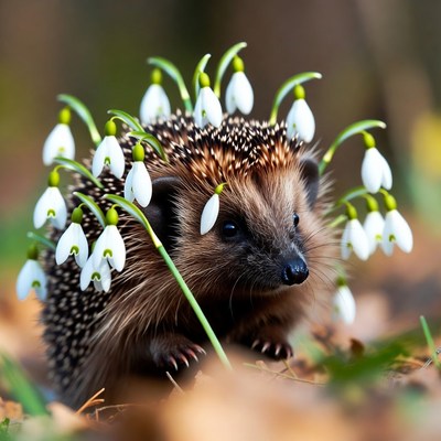 Hedgehog with snowdrop flowers