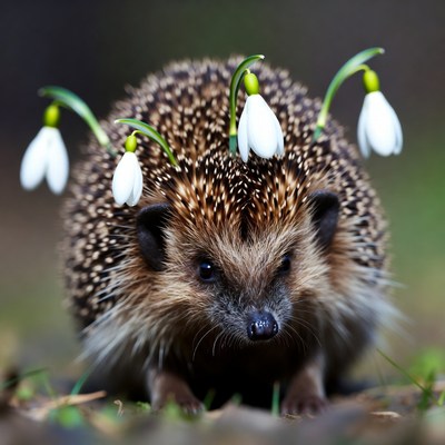 Hedgehog with snowdrop flowers