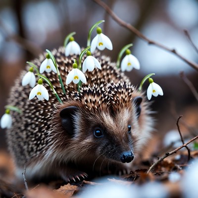 Hedgehog with snowdrop flowers