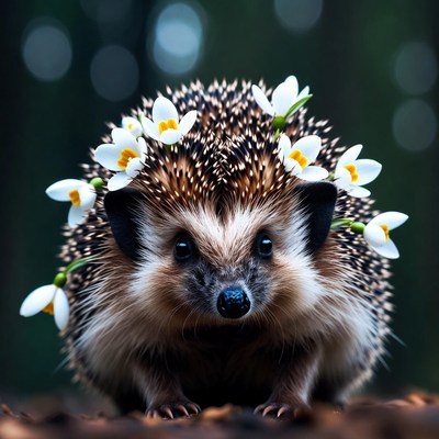 Hedgehog with white snowdrop flowers