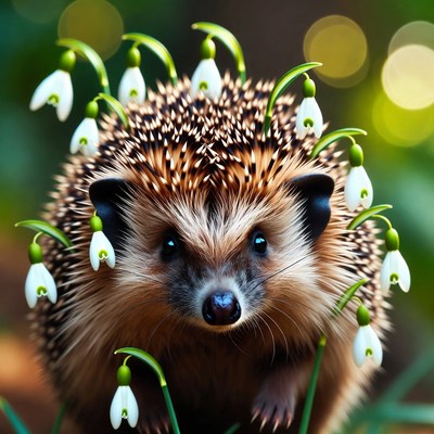 Hedgehog with snowdrop flowers