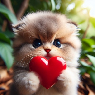 Fluffy Kitten Holding Red Heart