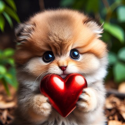 Fluffy Pomeranian Puppy Holding Red Heart