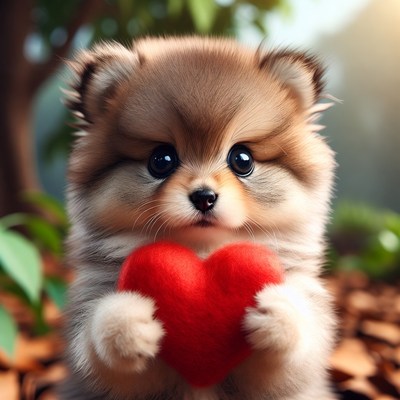 Pomeranian puppy holding red heart