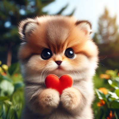 Cute Pomeranian puppy holding red heart