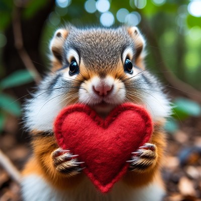 Cute squirrel holding red heart
