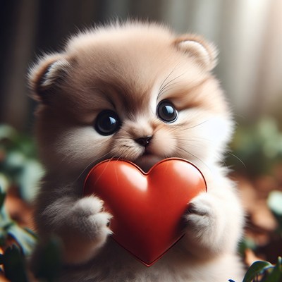 Fluffy Pomeranian Puppy Holding Red Heart