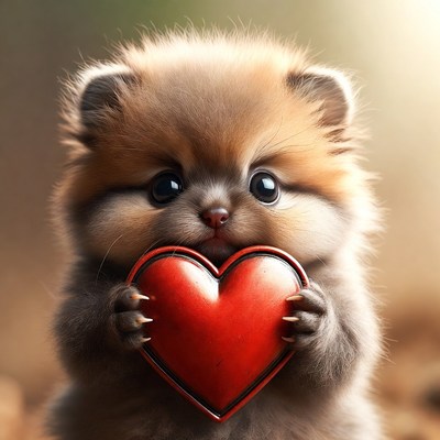 Fluffy Pomeranian Puppy Holding Red Heart