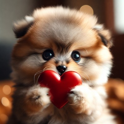 Fluffy Pomeranian Puppy Holding Red Heart