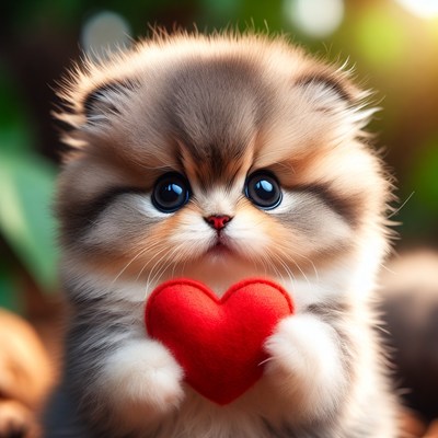 Cute Kitten Holding Red Heart