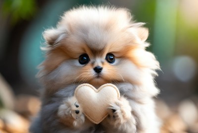 Pomeranian puppy holding heart toy