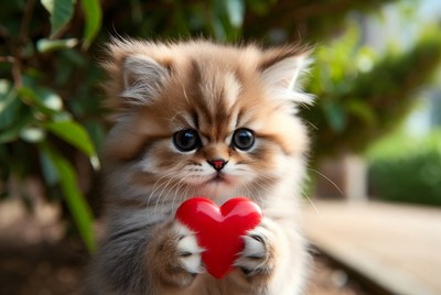 Kitten holding red heart