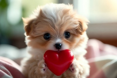 Puppy holding red heart