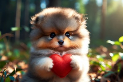 Pomeranian puppy holding red heart