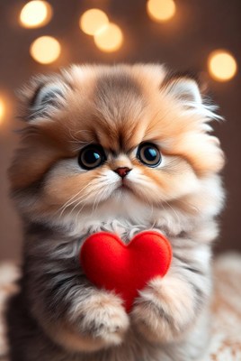 Fluffy Kitten Holding Red Heart