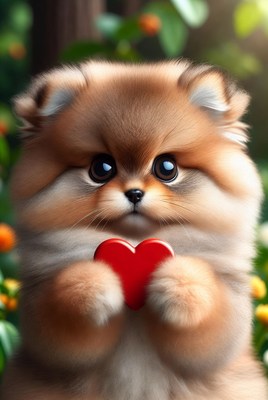 Cute Pomeranian puppy holding red heart