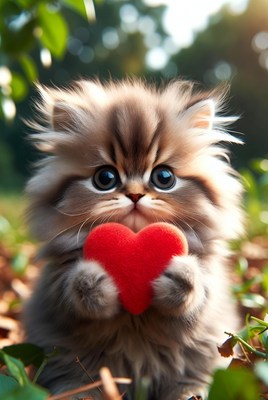 Fluffy kitten holding red heart