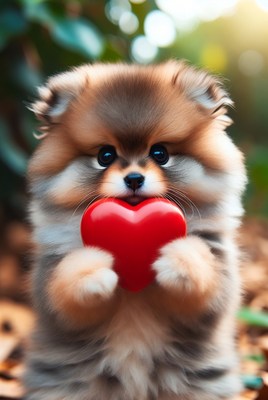 Pomeranian puppy holding red heart