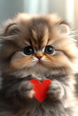 Fluffy Kitten Holding Red Heart