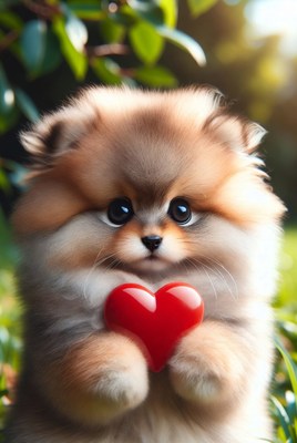 Fluffy Pomeranian Puppy Holding Red Heart