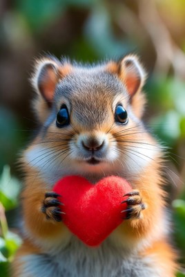 Cute squirrel holding red heart