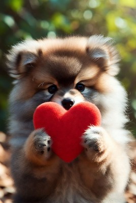 Pomeranian puppy holding red heart
