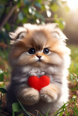 Fluffy Pomeranian Puppy Holding Red Heart