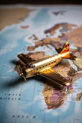 Golden Airplane Model on World Map