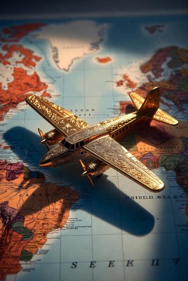 Golden airplane model on world map