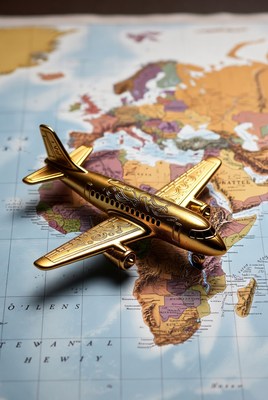Golden airplane on world map