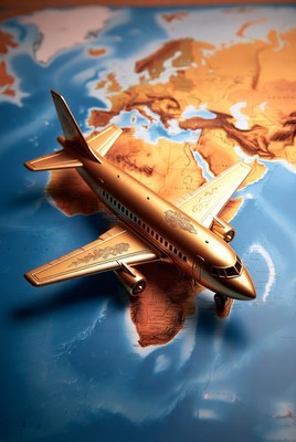 Golden airplane on world map