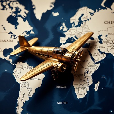Golden Airplane on World Map