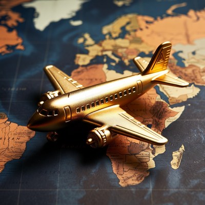 Golden Airplane Toy on World Map
