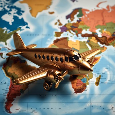 Golden Airplane Toy on World Map