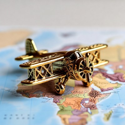 Golden Biplane Model on World Map