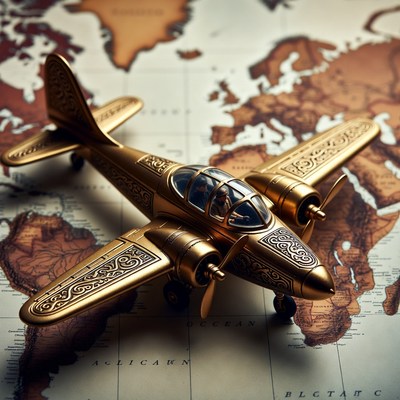 Golden toy plane on world map