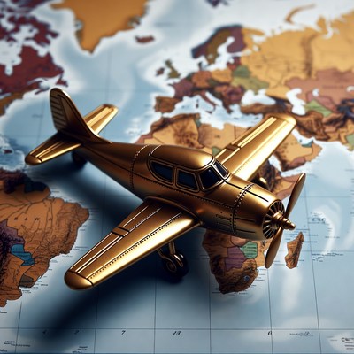Golden Toy Airplane on World Map