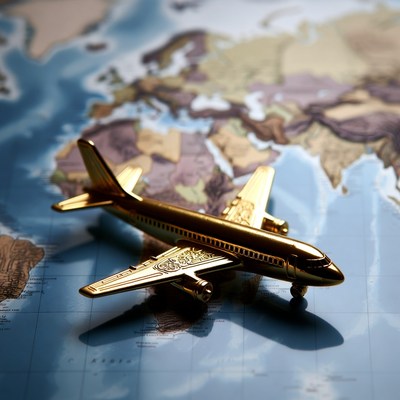 Golden Airplane Model on World Map