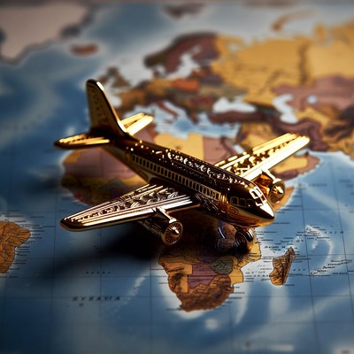 Gold airplane on world map