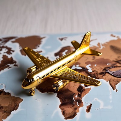 Golden Airplane on World Map