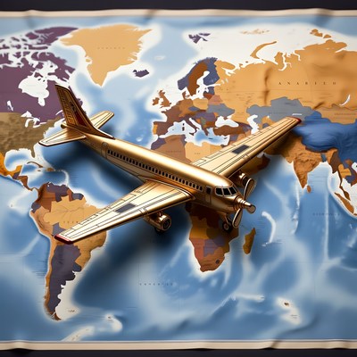 Golden Airplane Over World Map