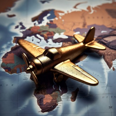 Golden airplane model on world map