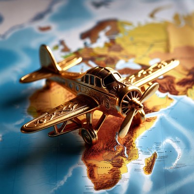 Golden airplane on world map