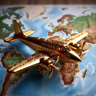 Golden airplane on world map