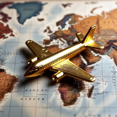 Golden airplane on world map