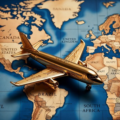 Golden Airplane on World Map