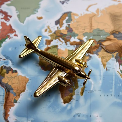 Golden Airplane Toy on World Map